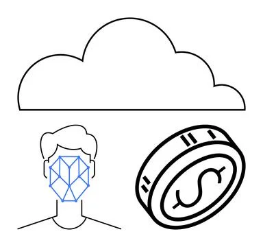 Cloud above digital human face with recognition pattern and currency coin. Id Stock Illustration