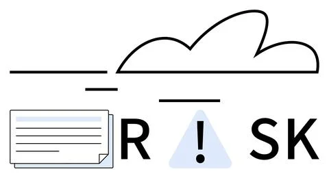 Cloud above horizontal line, large exclamation mark inside triangle, paper do Stock Illustration