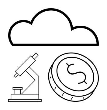 Cloud above a microscope and a coin with a dollar sign. Ideal for technology, Stock Illustration
