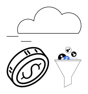 Cloud above processing line, a coin representing monetization, and a funnel w Stock Illustration
