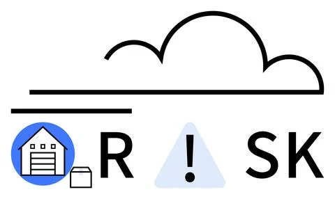 Cloud above storage elements and exclamation mark sign in RISK. Ideal for cyb Illustrazione stock