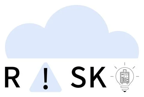 Cloud above word risk with exclamation mark in triangle replacing i, light bu 스톡 일러스트