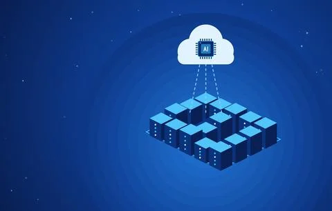 Cloud AI chip above isometric server racks data center, artificial intelligence Stock Illustration