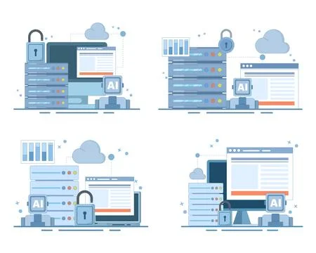 Cloud AI service set featuring hosted artificial intelligence, cloud servers. Stockillustratie