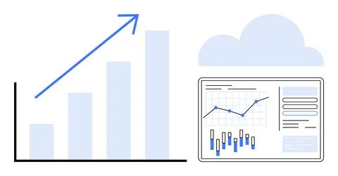 Cloud Analytics with Bar Chart and Line Graph Displaying Data Trends and Pe.. イラスト素材