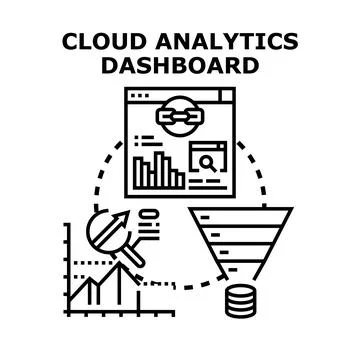 Cloud analytics dashboard visualizing data processing and funnel イラスト素材