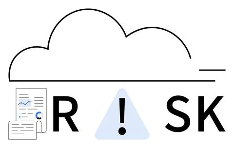Cloud with analytics documents and exclamation warning representing cloud com Stock Illustration