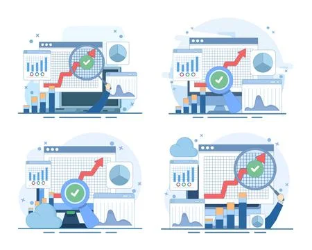 Cloud analytics set, big data processing, remote server technology. Stock Illustration