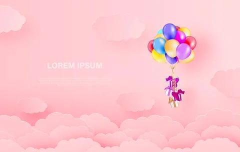 Cloud and balloons with gift boxes paper cut style vector illustration. Stock-Illustration