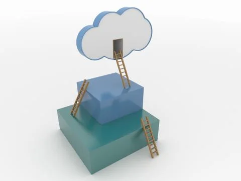 Cloud and Cubes with Ladders, Cloud Computing 3D Concept Stock Illustration
