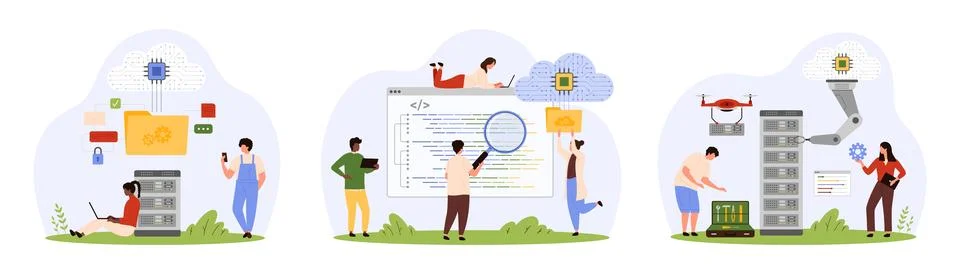 Cloud and digital data storage, programming software code, tech innovation by Stock Illustration