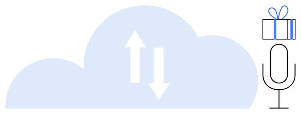 Cloud with up and down arrows at center, gift box above microphone to right.  Stockillustratie