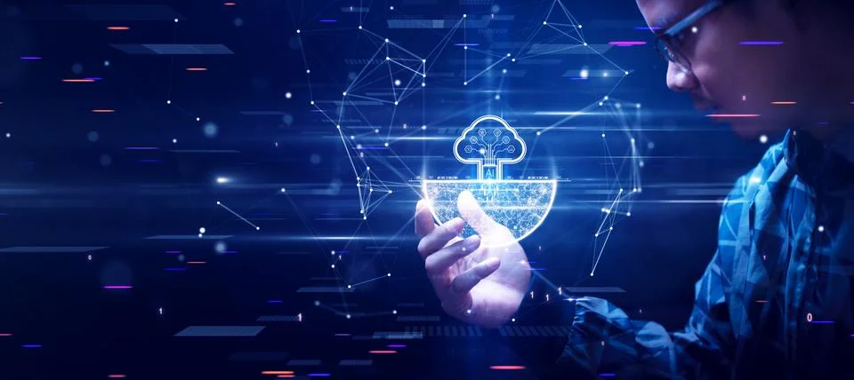 Cloud and edge computing technology concept. Person who is looking at the r.. 스톡 일러스트