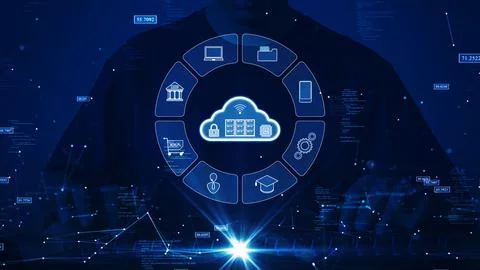 Cloud and edge computing technology concepts with cybersecurity protection. T Foto stock
