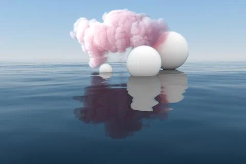 Cloud and geometric figure floating on the lake, 3d rendering. Stock Photos