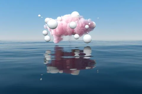 Cloud and geometric figure floating on the lake, 3d rendering. Stock Photos