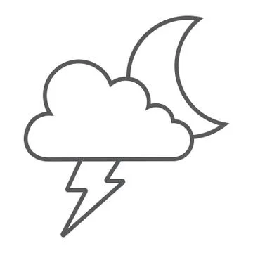 Cloud and lightning thin line icon, forecast and climate, thunder sign, vector Stock Illustration