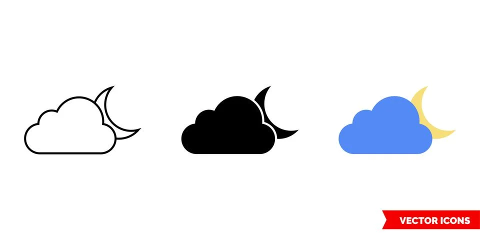Cloud and moon icon of 3 types color, black and white, outline. Isolated vector Stock Illustration