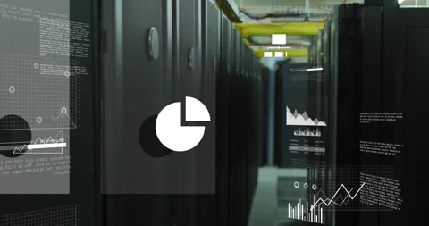 Cloud and network icons with data processing over computer server room Stock Footage 330058606