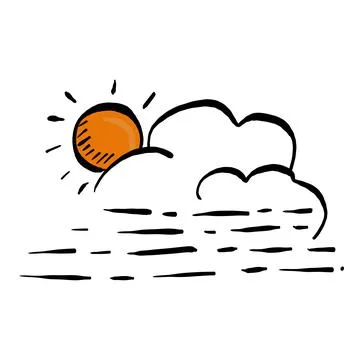 Cloud and orange sun vector illustration sketch hand drawn with black lines i Stock Illustration