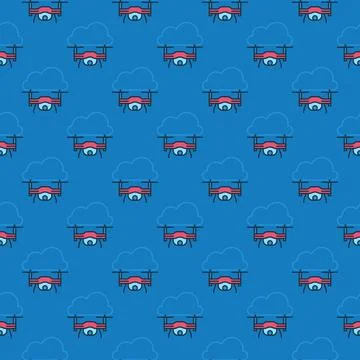 Cloud and Quadcopter vector Drone in Sky colored seamless pattern 스톡 일러스트