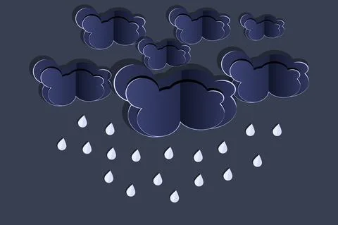 Cloud and rain isolated on dark background. Origami art rainy season. Stock Illustration