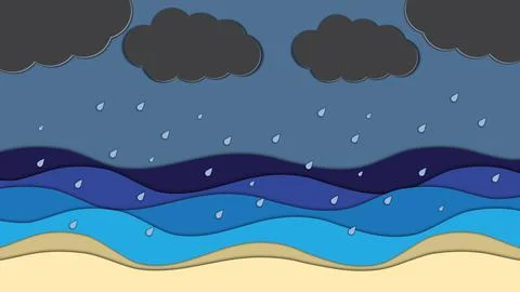 Cloud and rain on sea night sky in paper cut style. Vector Illustration Stock Illustration