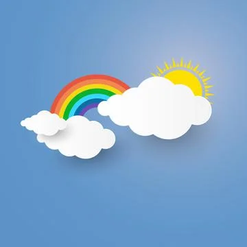Cloud and Rainbow in the Blue sky with paper art stlye. vector illustration Stock Illustration
