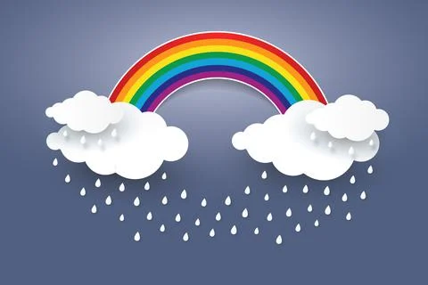 Cloud and Rainbow in blue sky  Paper art Style.Rainy season concept .Rainy da Stock Illustration