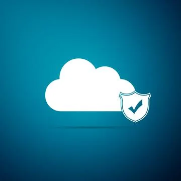 Cloud and shield with check mark icon isolated on blue background. Cloud storage 库存插图