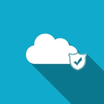 Cloud and shield with check mark icon isolated with long shadow. Cloud storage Stock Illustration