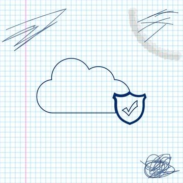 Cloud and shield with check mark line sketch icon isolated on white background Illustrazione stock