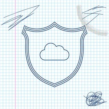 Cloud and shield with check mark line sketch icon isolated on white background Illustrazione stock