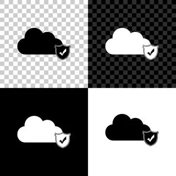 Cloud and shield with check mark icon on black, white and transparent background Stock Illustration