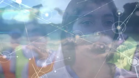 Cloud and single node appearing, network nodes spreading over woman, pulsing and Stock Footage 334182840