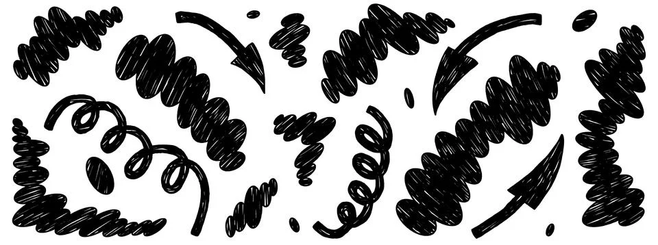 Cloud and squiggle shape with charcoal arrow and circles. Abstract freeform Stock Illustration