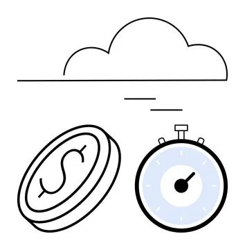 Cloud and Stopwatch with Dollar Coin Conceptualizing Time and Money in the .. Illustrazione stock