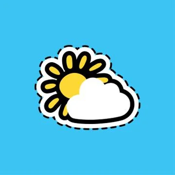 Cloud and sun flat color sticker with dash line Stock Illustration