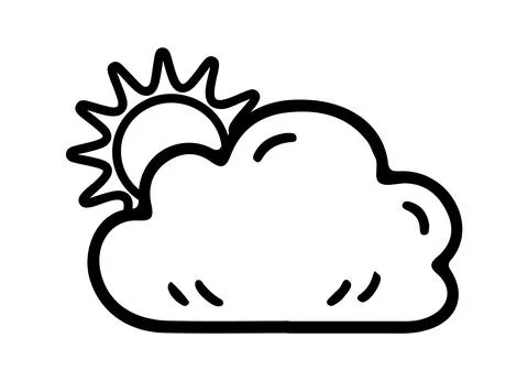 Cloud and Sun icon doodle hand drawn. Outline line drawing clipart symbol. .. Stock Illustration