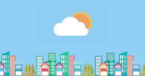 Cloud and sun icon moving against cityscape Ilustración de archivo