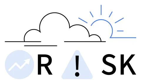 Cloud and sun over RISK text with graph arrow, exclamation mark, and triangle Ilustración de archivo