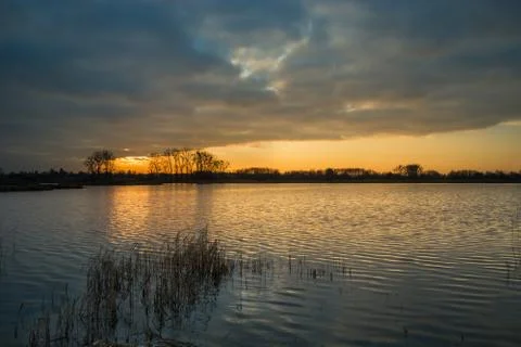 Cloud and sunset over a calm lake with reeds Stock Photos