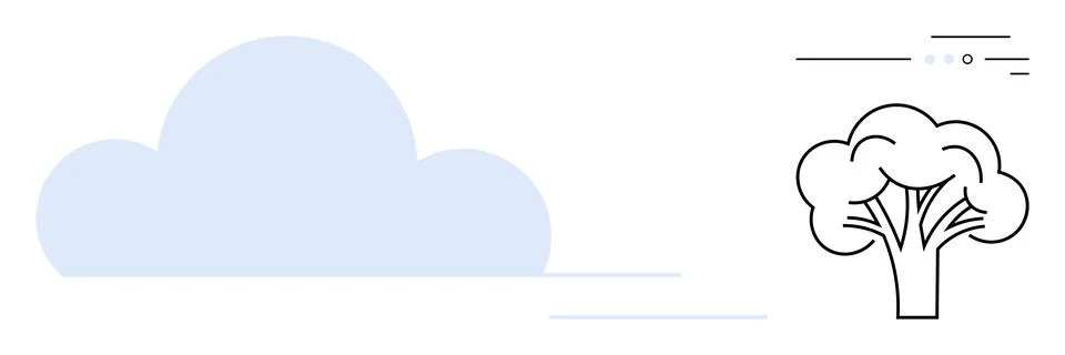 Cloud and tree line drawing with minimalist design elements in blue and black Stock Illustration
