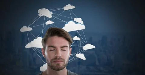 Cloud app icons connected and Businessman with eyes closed and dark background Stock Photos