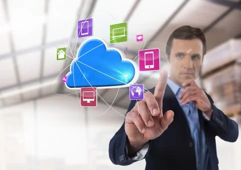 Cloud app interface and Businessman touching air in front of warehouse Stock Photos