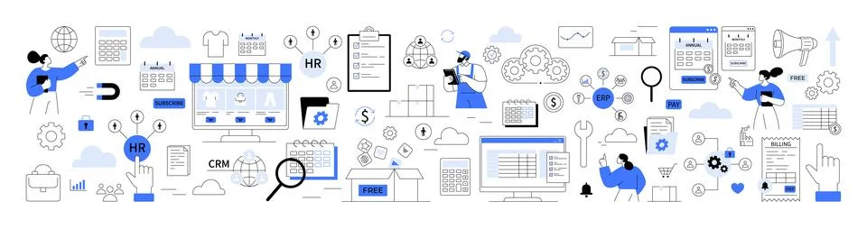 Cloud application services and business software solutions illustrated with.. Stockillustratie