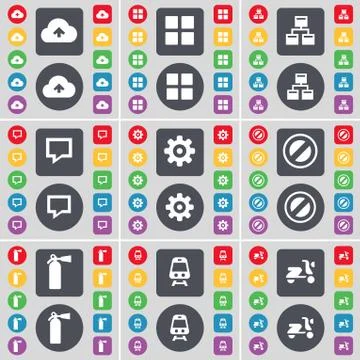 Cloud, Apps, Network, Chat bubble, Gear, Stop, Fire extinguisher, Train, Scooter Illustrazione stock