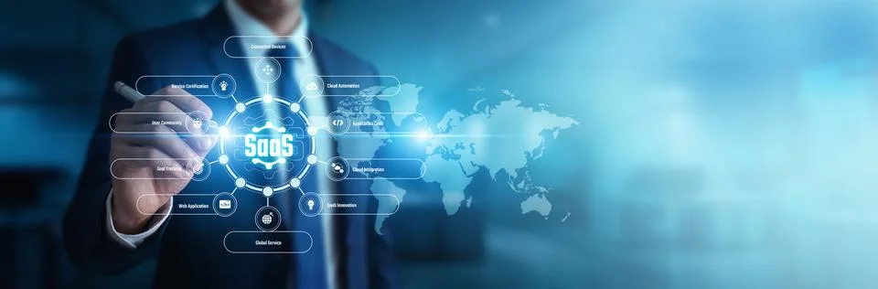 Cloud architect analyzing user statistics pointing toward Software as a Ser.. Stock Photos