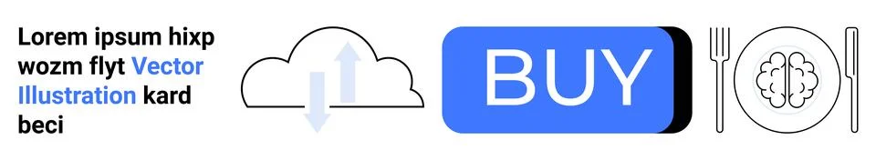 Cloud with arrows, blue BUY button, brain on a plate with fork and knife. Ide Stock Illustration