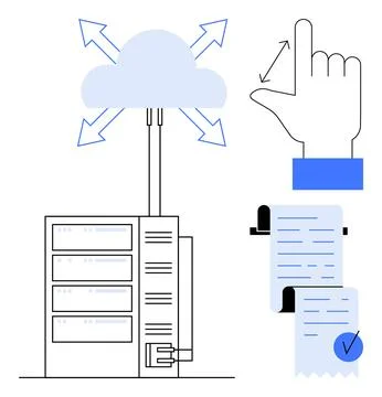 Cloud with arrows connecting to servers, a finger gesture indicating interact Stock Illustration